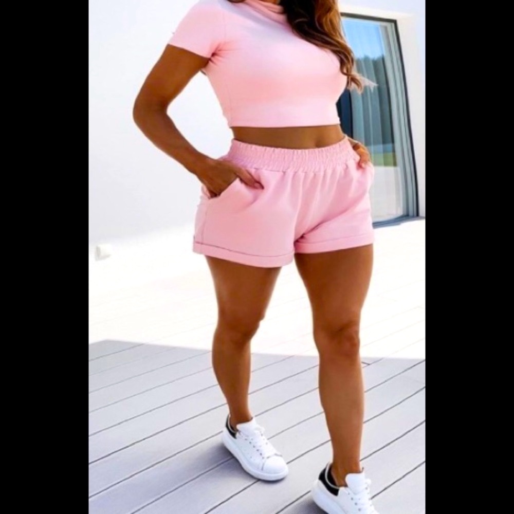 Skinny Pink Short Sleeve Crop Top & Shorts Set